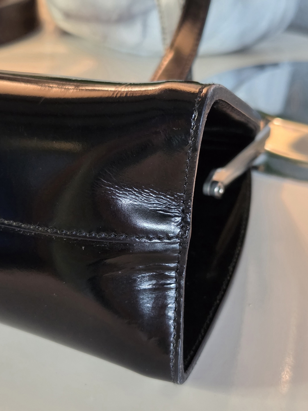 Vintage Salvatore Ferragamo Black Patent Leather Frame Bag Shoe Logo BV-216760 - Picture 10 of 15